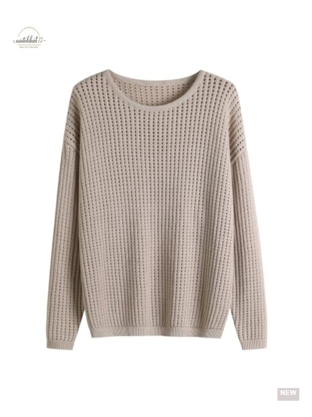 Oversized Openwork Knit Pullover Sweater Crew Neck Long Sleeve